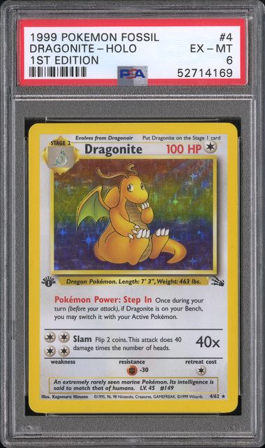 [PSA 6] 1999 POKEMON FOSSIL #4 DRAGONITE-HOLO 1ST EDITION #52714169