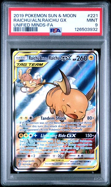 [PSA 9]  UNIFIED MINDS#221/236 RAICHU/ALN.RAICHU GX #126503932