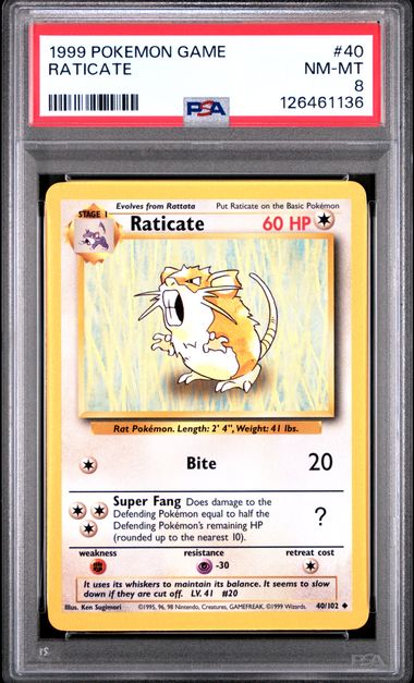 [PSA 8] 1999 POKEMON GAME #40/102 RATICATE #126461136